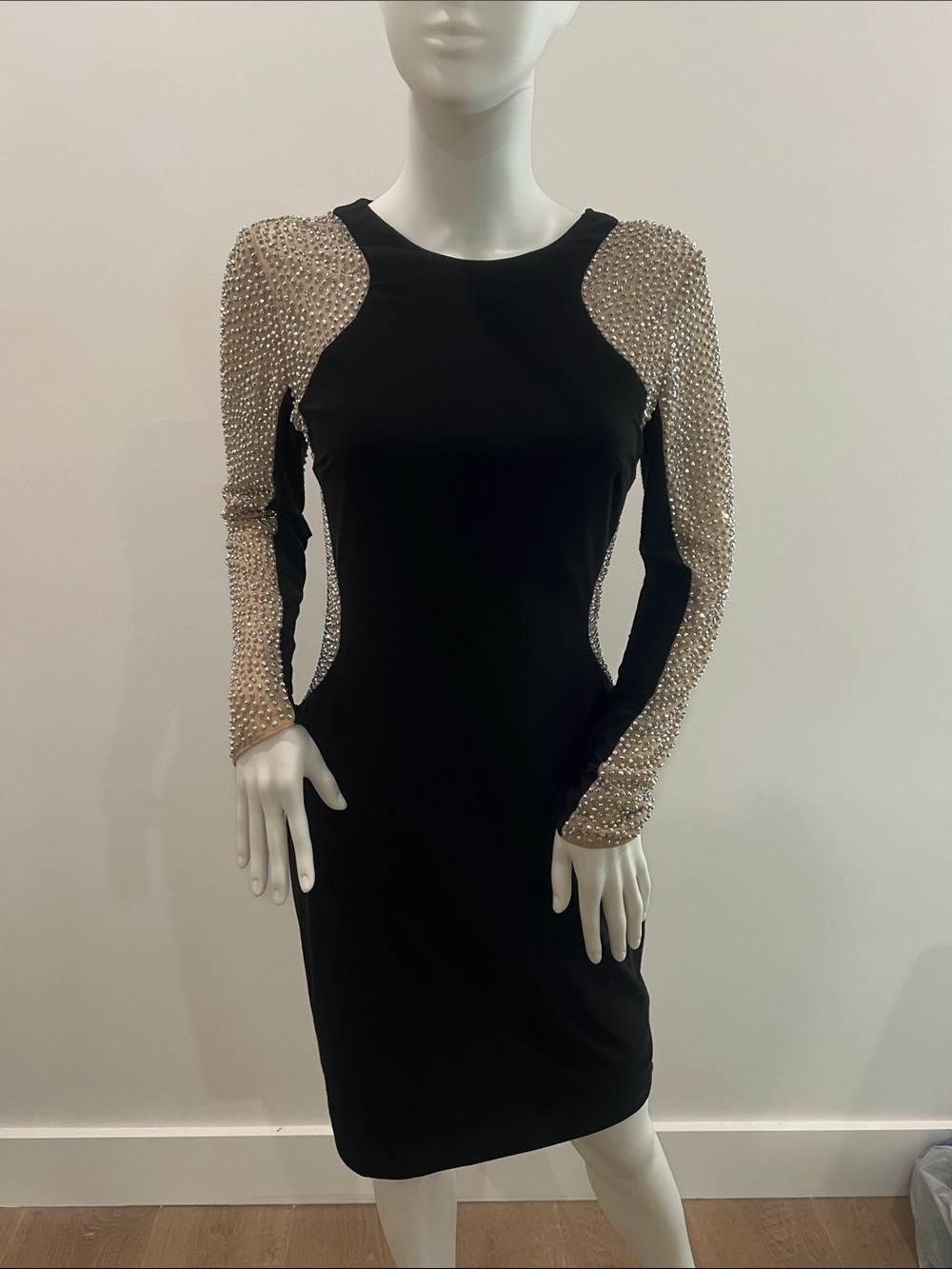 Black Bodycon Long-Sleeve Dress with Nude Embellished Sleeves